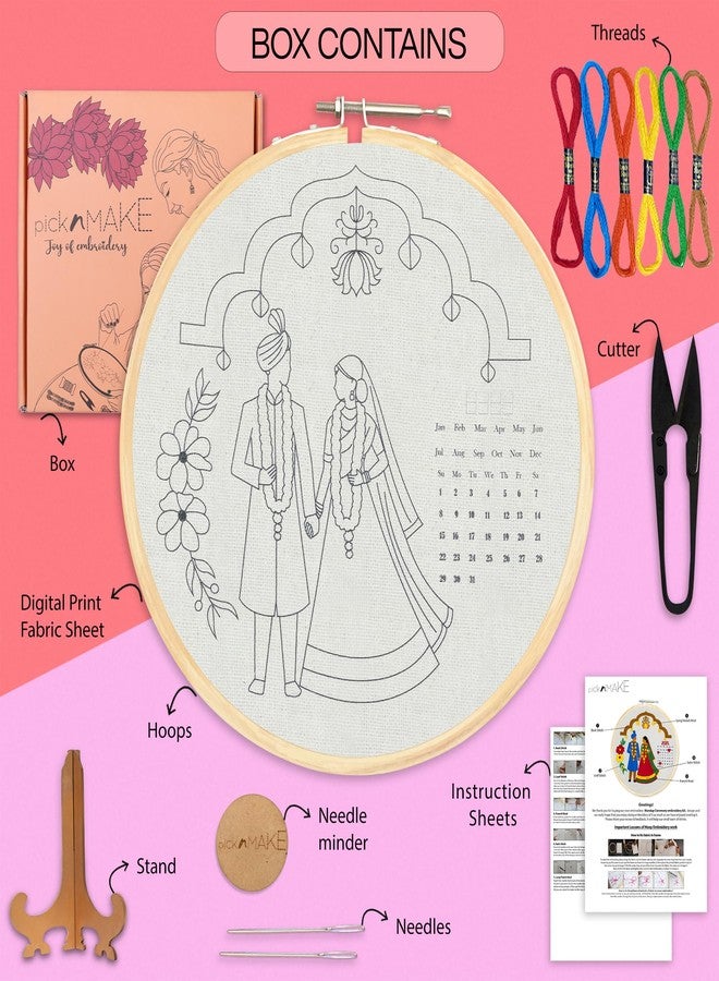 picknMAKE DIY Hand Embroidery Kit for Beginners & Adults | Wedding Calendar Kit with Printed Fabric, Frame, Threads & Tools | Unique Embroidery Kit for Gifts & Keepsake - All Supplies Included - Image 2
